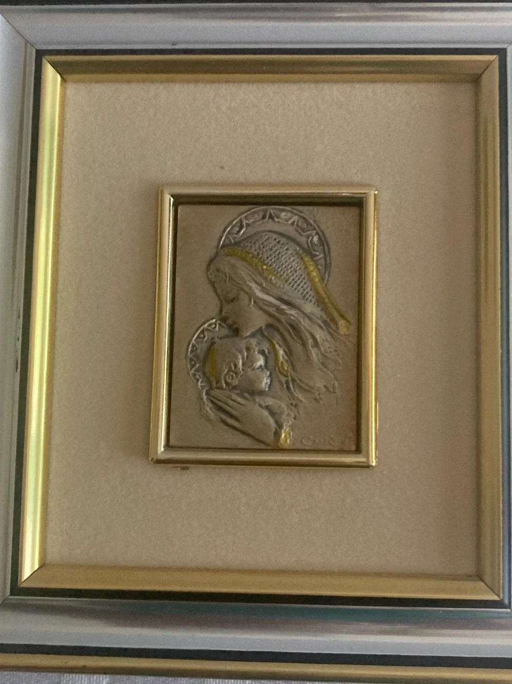 Sterling Silver Madonna and Child Set in a Wooden Frame Made in Italy